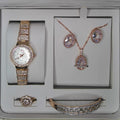 Ladies Rose Gold & Pink Crystal Artificial Jewelry Set – Watch, Necklace, Earrings, Bracelet & Ring