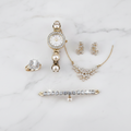 Luxury Ladies Gold Pearl & Diamond Jewelry Set – Watch, Necklace, Bracelet, Earrings & Ring