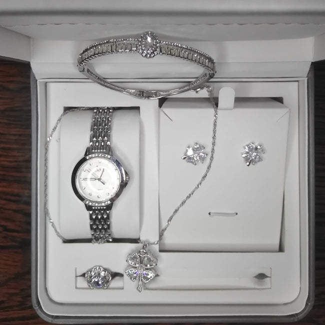 Ladies Silver Crystal Artificial Jewelry Set – Watch, Necklace, Earrings, Bracelet & Ring