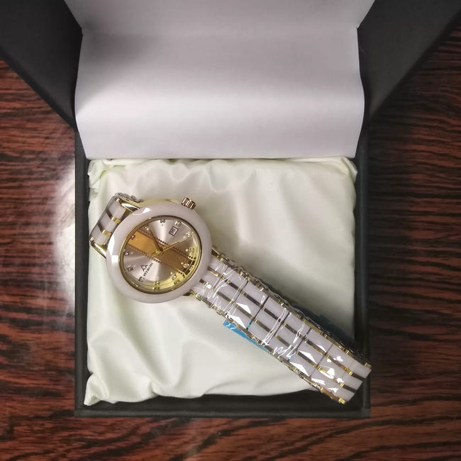 Fitron Ladies White Ceramic – Two Tone Gold & Scratchless Stone Bracelet Watch