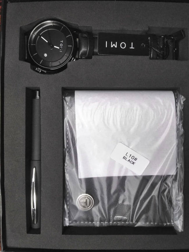 TOMI Minimalist Watch – Black Dial Gift Set (Watch + Wallet + Pen)