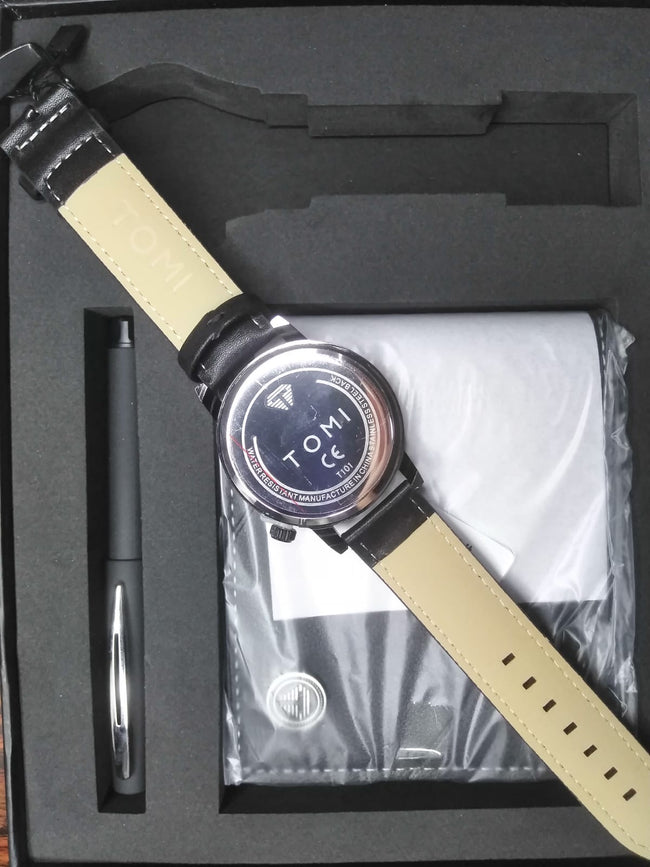 TOMI Minimalist Watch – Black Dial Gift Set (Watch + Wallet + Pen)