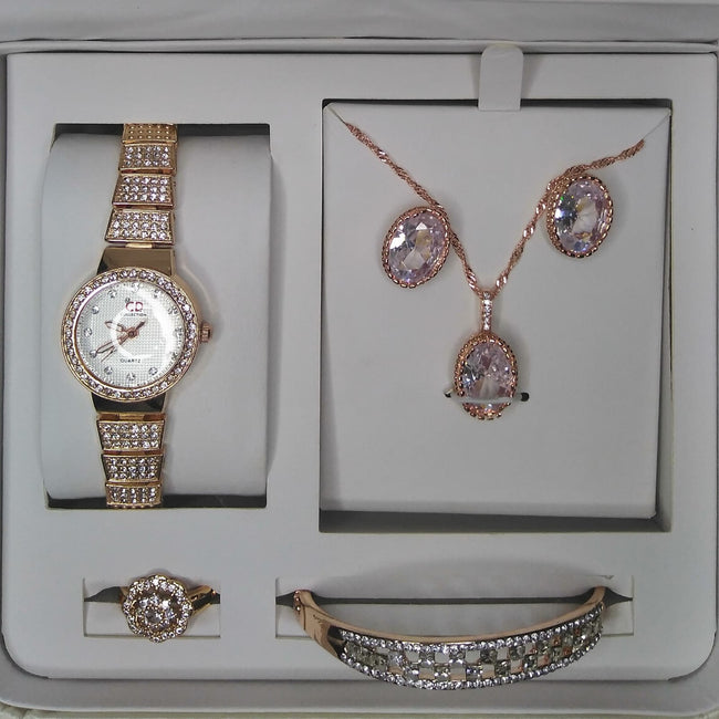 Ladies Rose Gold & Pink Crystal Artificial Jewelry Set – Watch, Necklace, Earrings, Bracelet & Ring