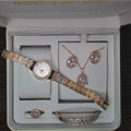 Ladies Rose Gold & Pink Crystal Artificial Jewelry Set – Watch, Necklace, Earrings, Bracelet & Ring