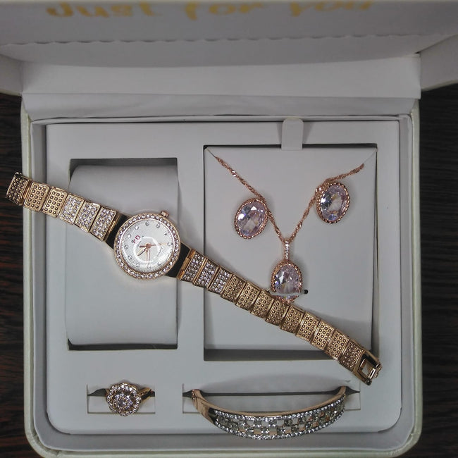 Ladies Rose Gold & Pink Crystal Artificial Jewelry Set – Watch, Necklace, Earrings, Bracelet & Ring