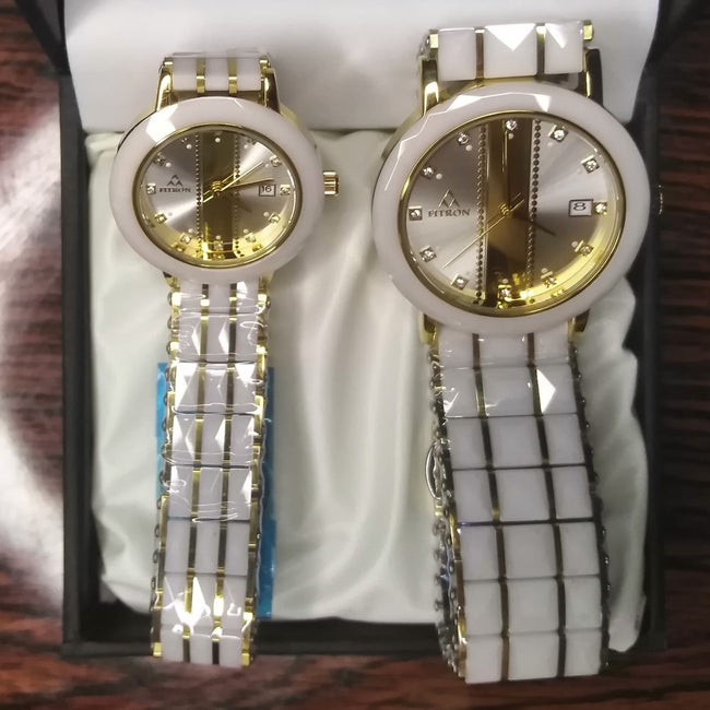 Fitron Couples Watch Set – White Ceramic & Silver Two Tone (His & Hers)
