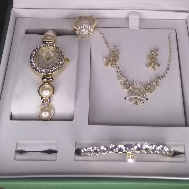 Luxury Ladies Gold Pearl & Diamond Jewelry Set – Watch, Necklace, Bracelet, Earrings & Ring