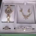 Luxury Ladies Gold Pearl & Diamond Jewelry Set – Watch, Necklace, Bracelet, Earrings & Ring