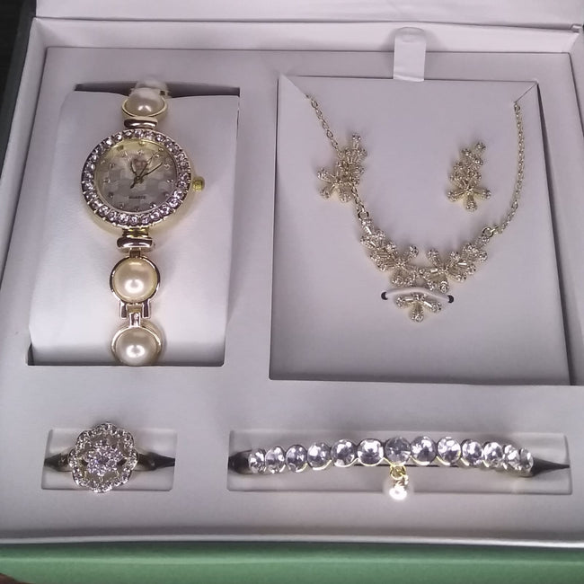 Luxury Ladies Gold Pearl & Diamond Jewelry Set – Watch, Necklace, Bracelet, Earrings & Ring