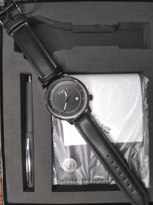 TOMI Minimalist Watch – Black Dial Gift Set (Watch + Wallet + Pen)