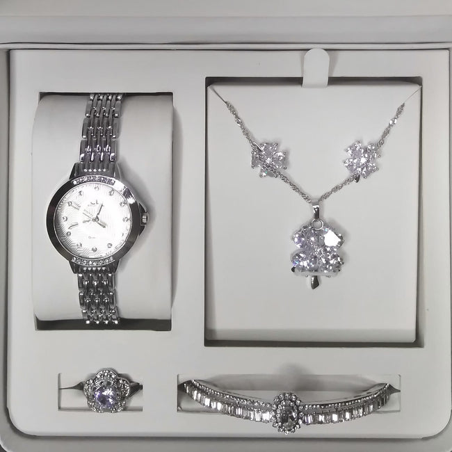 Ladies Silver Crystal Artificial Jewelry Set – Watch, Necklace, Earrings, Bracelet & Ring