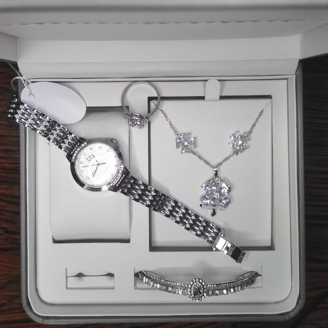 Ladies Silver Crystal Artificial Jewelry Set – Watch, Necklace, Earrings, Bracelet & Ring