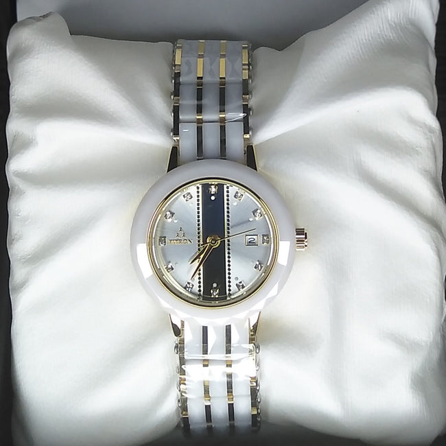Fitron Ladies White Ceramic – Two Tone Gold & Scratchless Stone Bracelet Watch