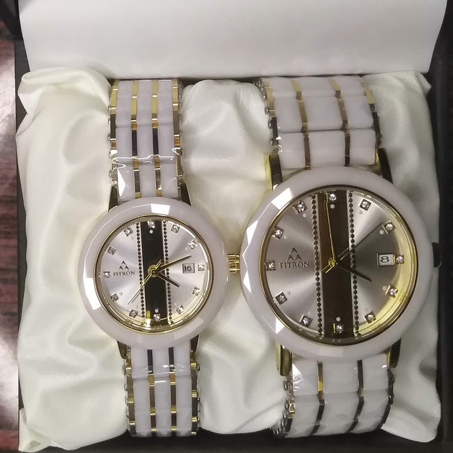 Fitron Couples Watch Set – White Ceramic & Silver Two Tone (His & Hers)
