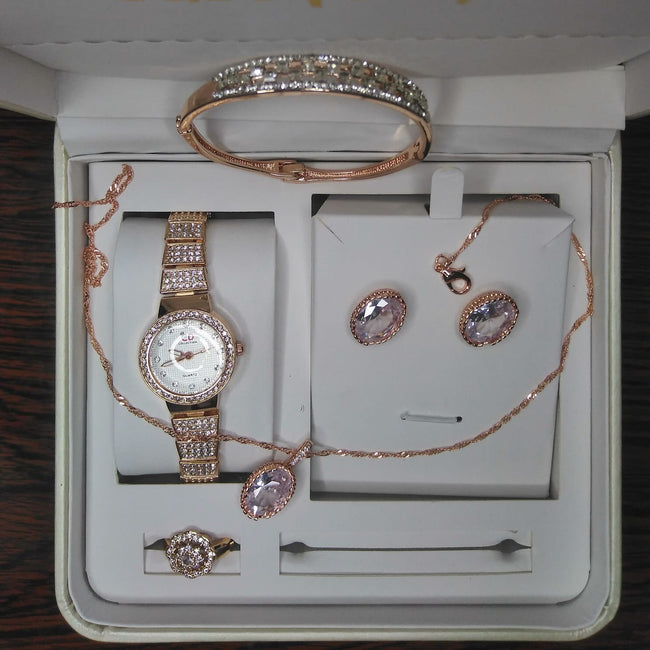 Ladies Rose Gold & Pink Crystal Artificial Jewelry Set – Watch, Necklace, Earrings, Bracelet & Ring