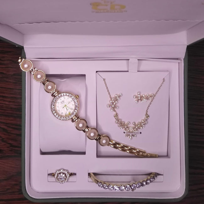 Luxury Ladies Gold Pearl & Diamond Jewelry Set – Watch, Necklace, Bracelet, Earrings & Ring