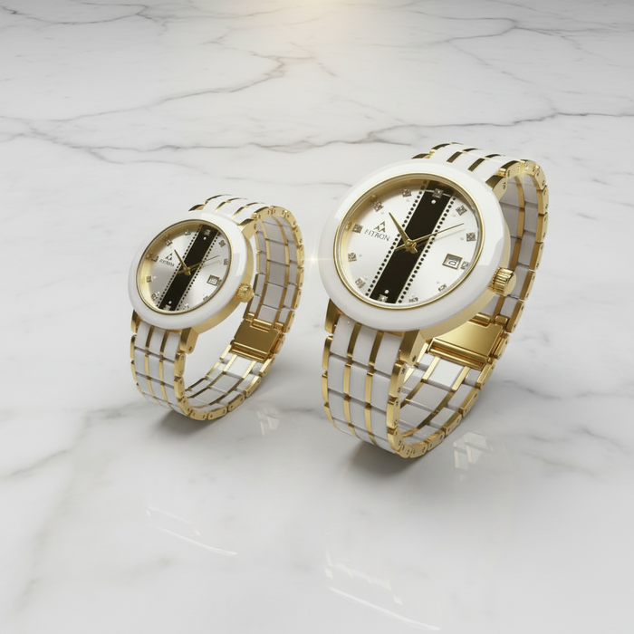 Fitron Couples Watch Set – White Ceramic & Silver Two Tone (His & Hers)