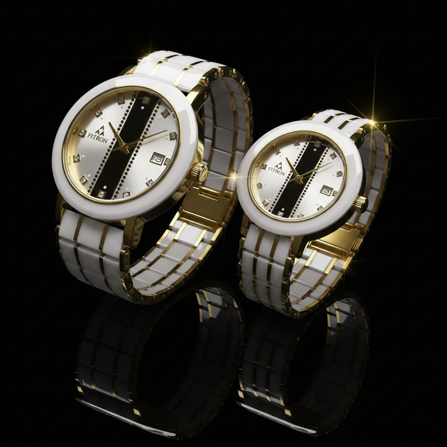 Fitron Couples Watch Set – White Ceramic & Silver Two Tone (His & Hers)