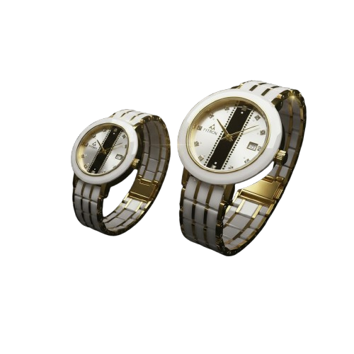 Fitron Couples Watch Set – White Ceramic & Silver Two Tone (His & Hers)