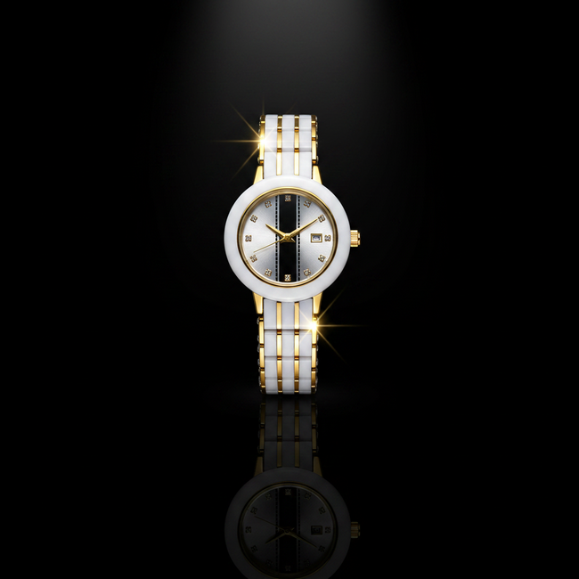 Fitron Ladies White Ceramic – Two Tone Gold & Scratchless Stone Bracelet Watch