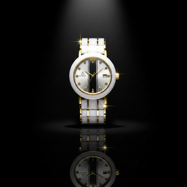 Fitron Men’s White Ceramic – Two Tone Gold & Scratchless Stone Bracelet Watch