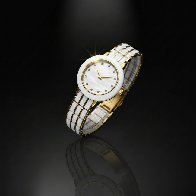 Fitron Ladies White Ceramic – Two Tone Gold & Scratchless Stone Bracelet Watch