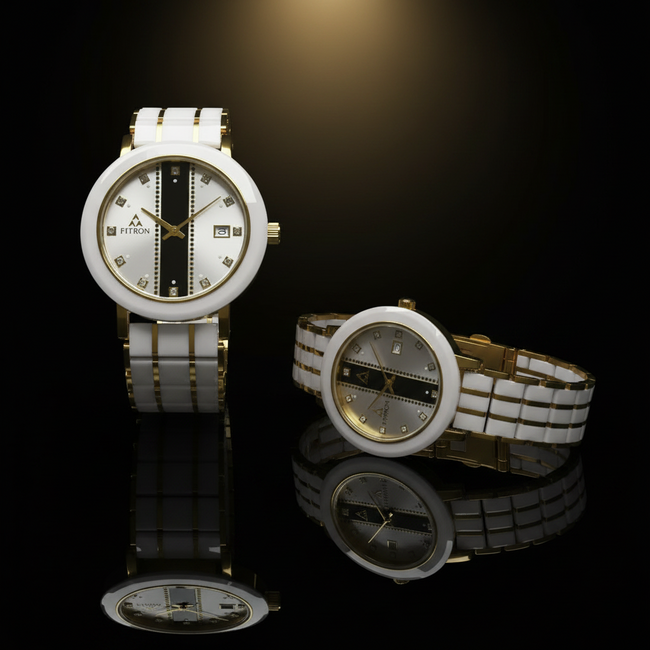 Fitron Couples Watch Set – White Ceramic & Silver Two Tone (His & Hers)