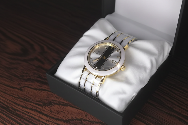 Fitron Men’s White Ceramic – Two Tone Gold & Scratchless Stone Bracelet Watch