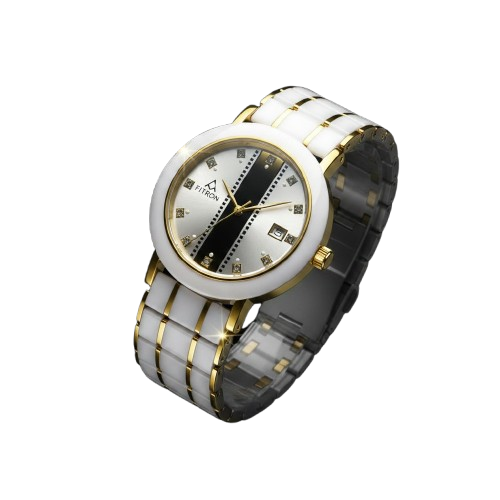 Fitron Men’s White Ceramic – Two Tone Gold & Scratchless Stone Bracelet Watch