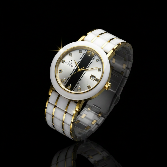 Fitron Men’s White Ceramic – Two Tone Gold & Scratchless Stone Bracelet Watch