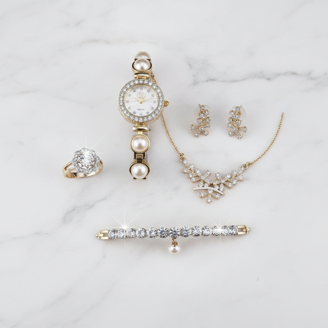 Luxury Ladies Gold Pearl & Diamond Jewelry Set – Watch, Necklace, Bracelet, Earrings & Ring