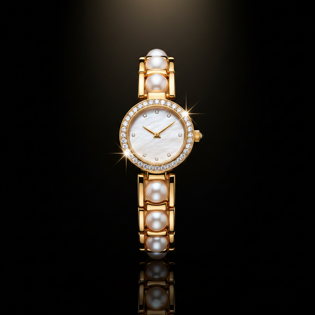 Luxury Ladies Gold Pearl & Diamond Jewelry Set – Watch, Necklace, Bracelet, Earrings & Ring