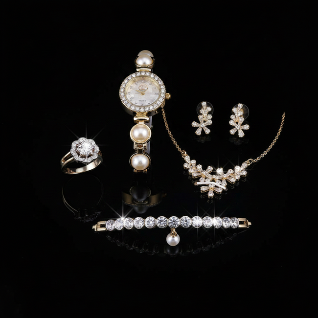 Luxury Ladies Gold Pearl & Diamond Jewelry Set – Watch, Necklace, Bracelet, Earrings & Ring