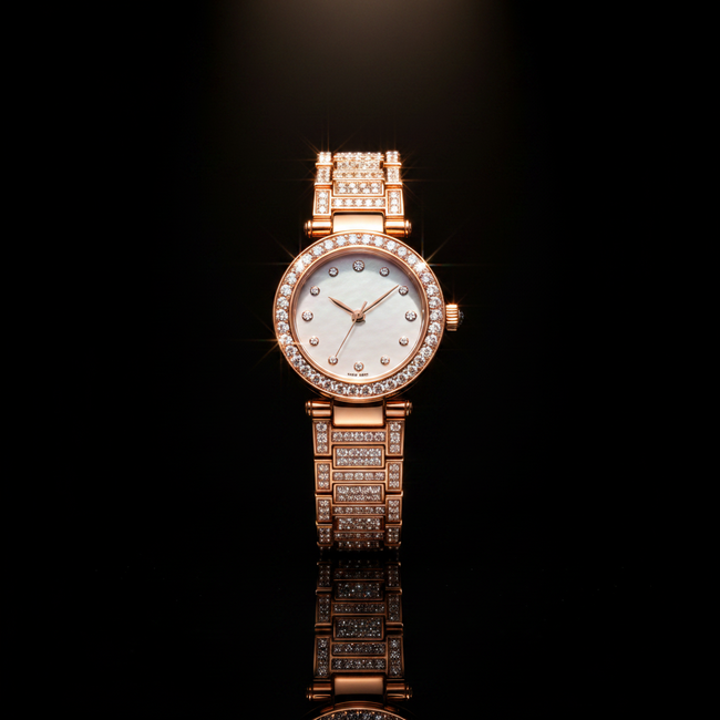 Ladies Rose Gold & Pink Crystal Artificial Jewelry Set – Watch, Necklace, Earrings, Bracelet & Ring