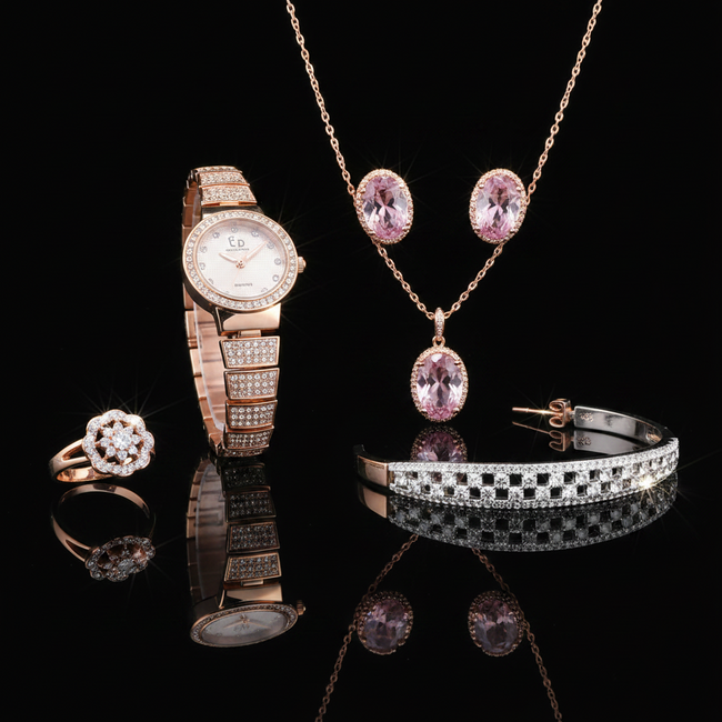Ladies Rose Gold & Pink Crystal Artificial Jewelry Set – Watch, Necklace, Earrings, Bracelet & Ring