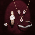 Ladies Rose Gold & Pink Crystal Artificial Jewelry Set – Watch, Necklace, Earrings, Bracelet & Ring