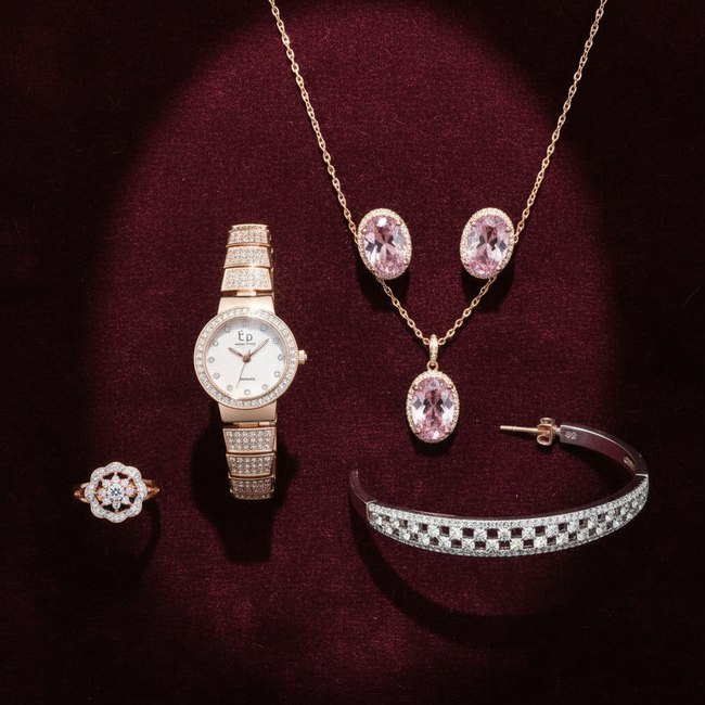 Ladies Rose Gold & Pink Crystal Artificial Jewelry Set – Watch, Necklace, Earrings, Bracelet & Ring