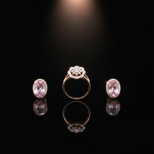Ladies Rose Gold & Pink Crystal Artificial Jewelry Set – Watch, Necklace, Earrings, Bracelet & Ring