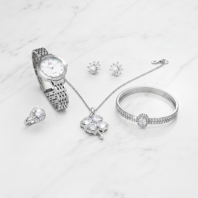 Ladies Silver Crystal Artificial Jewelry Set – Watch, Necklace, Earrings, Bracelet & Ring
