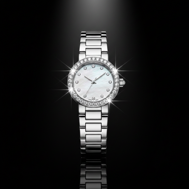 Ladies Silver Crystal Artificial Jewelry Set – Watch, Necklace, Earrings, Bracelet & Ring