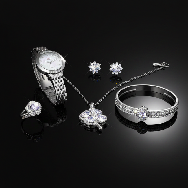 Ladies Silver Crystal Artificial Jewelry Set – Watch, Necklace, Earrings, Bracelet & Ring