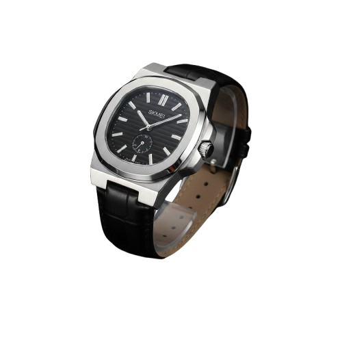 SKMEI Silver Edition – Black Dial Leather Strap Watch