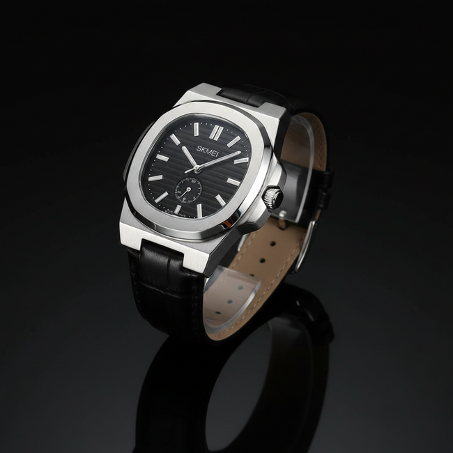SKMEI Silver Edition – Black Dial Leather Strap Watch