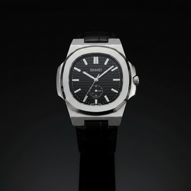 SKMEI Silver Edition – Black Dial Leather Strap Watch