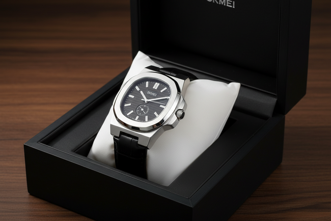 SKMEI Silver Edition – Black Dial Leather Strap Watch