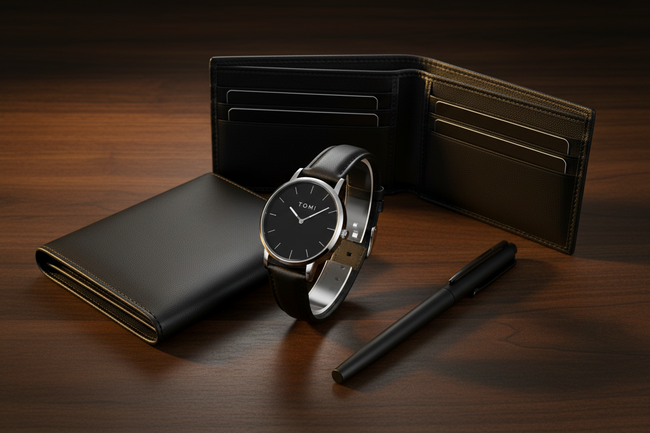 TOMI Minimalist Watch – Black Dial Gift Set (Watch + Wallet + Pen)