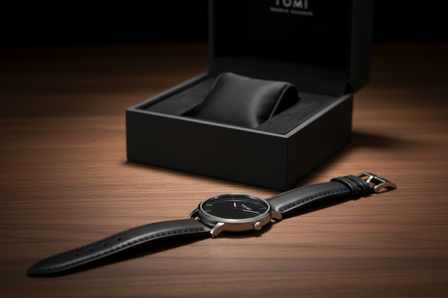 TOMI Minimalist Watch – Black Dial Gift Set (Watch + Wallet + Pen)