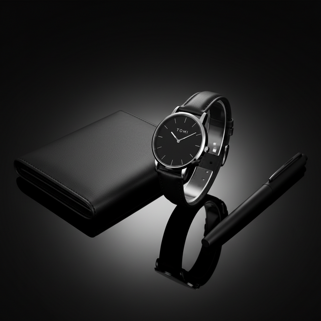 TOMI Minimalist Watch – Black Dial Gift Set (Watch + Wallet + Pen)