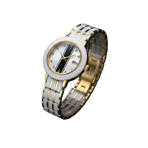 Fitron Ladies White Ceramic – Two Tone Gold & Scratchless Stone Bracelet Watch