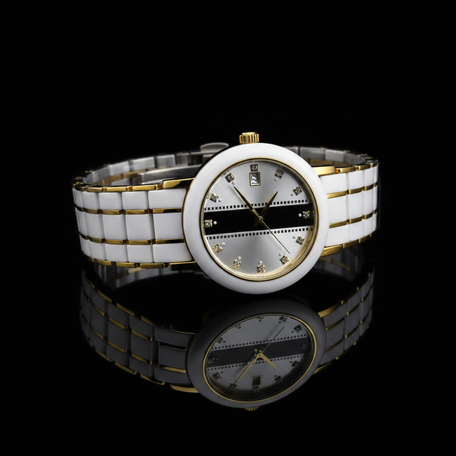 Fitron Men’s White Ceramic – Two Tone Gold & Scratchless Stone Bracelet Watch